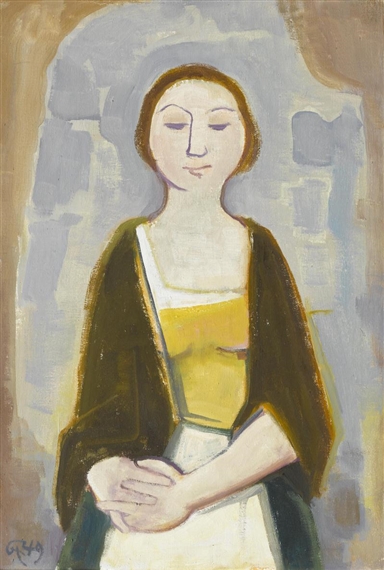 Junge frau mit gesenktem Blick und verschränkten Händen by Karl Hofer, 1949