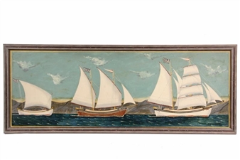 Folk Art Rendering of Three Greek Fishing Boats under full sail - J. Katony