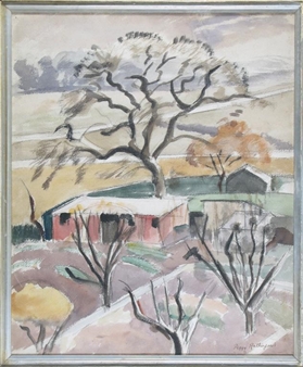 Farm buildings in a landscape - Peggy Rutherford