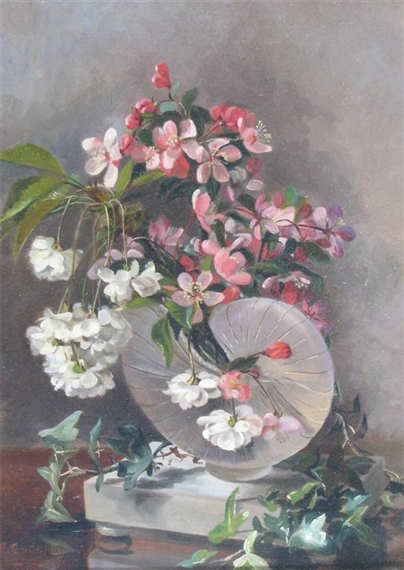 Still life of blossom in a nautilus vase - E. Goddard