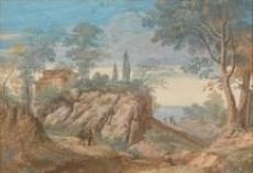 2 Works: A Landscape with a Rock and a View Over the Sea; A Landscape with a Thatched Hut by German School, 18th Century, Late 18th century