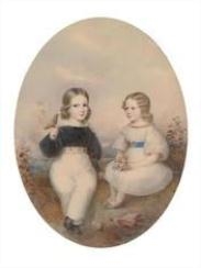 Brother and Sister with a Bird and a Toy Seated in a Landscape