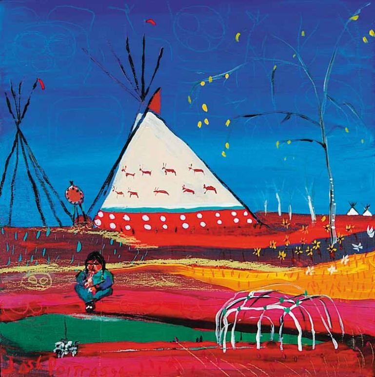 Untitled - Flute Player with Teepee at the Sweat Lodge by Jane Ash Poitras, 1994