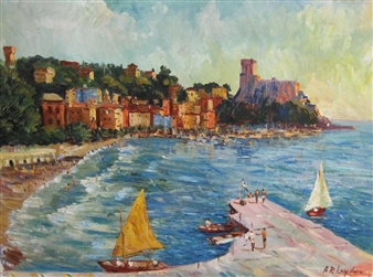 4 Works : Continental harbour ; By the Sea ; Hill-top Town ; View near the Hotel de La Cige - A.R. Leyden