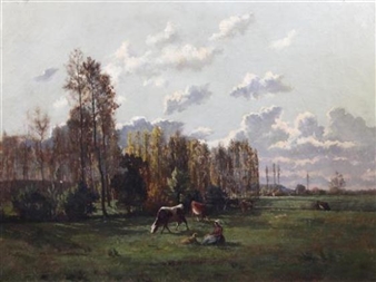 Landscape with Woman Dog and Cattle - Andrea Cortes y Sevilla