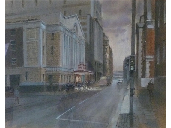 A moody street scene rendered in watercolor, capturing a wet city atmosphere with soft atmospheric perspective.