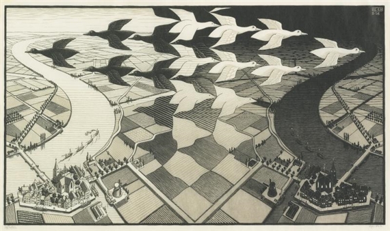 DAY AND NIGHT (B./K./L./W. 303) by Maurits Cornelis Escher, 1938
