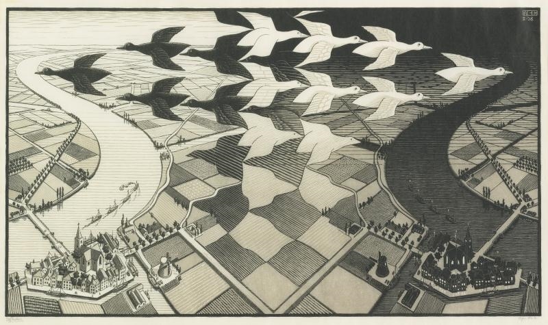Artwork by Maurits Cornelis Escher, DAY AND NIGHT (B./K./L./W. 303), Made of Woodcut printed in black and grey