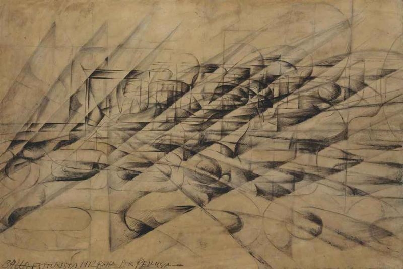 Artwork by Giacomo Balla, Disgregazione x velocità, Penetrazioni dinamiche d'automobile, Made of gouache, wash and brush and ink on paper laid down on card