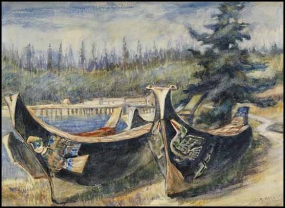 Artwork by Emily Carr, War Canoes, Alert Bay, Made of Watercolour on paper