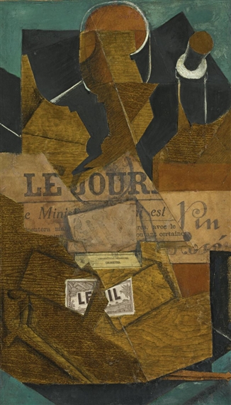 Juan Gris | Tasse, verres et bouteilles (Le journal) (1914
