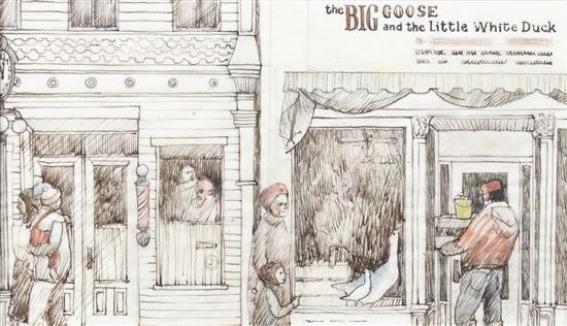 Artwork by Nancy Ekholm Burkert, Dust jacket for The Big Goose and the Little White Duck, Made of ink and watercolor on vellum