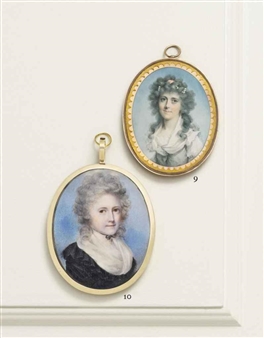 Sarah Garrow, née Dore (d. 1808), in white dress with fichu, a pink bandeau and string of pearls in her powdered curling hair - John Donaldson