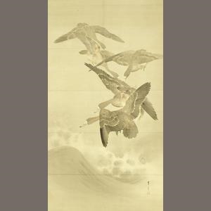 Artwork by Seitei Watanabe, 3 Works: Kakejiku with double wood storage boxes, Made of ink and slight colour on silk