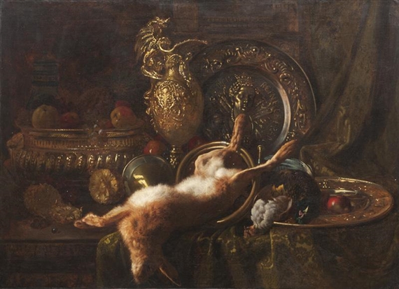 Nature morte au lièvre et aux pièces d&#8217;orfèvrerie by Philippe Rousseau