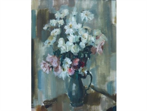 Roses and Daisies in a Green Jug by Clement Serneels, 1967