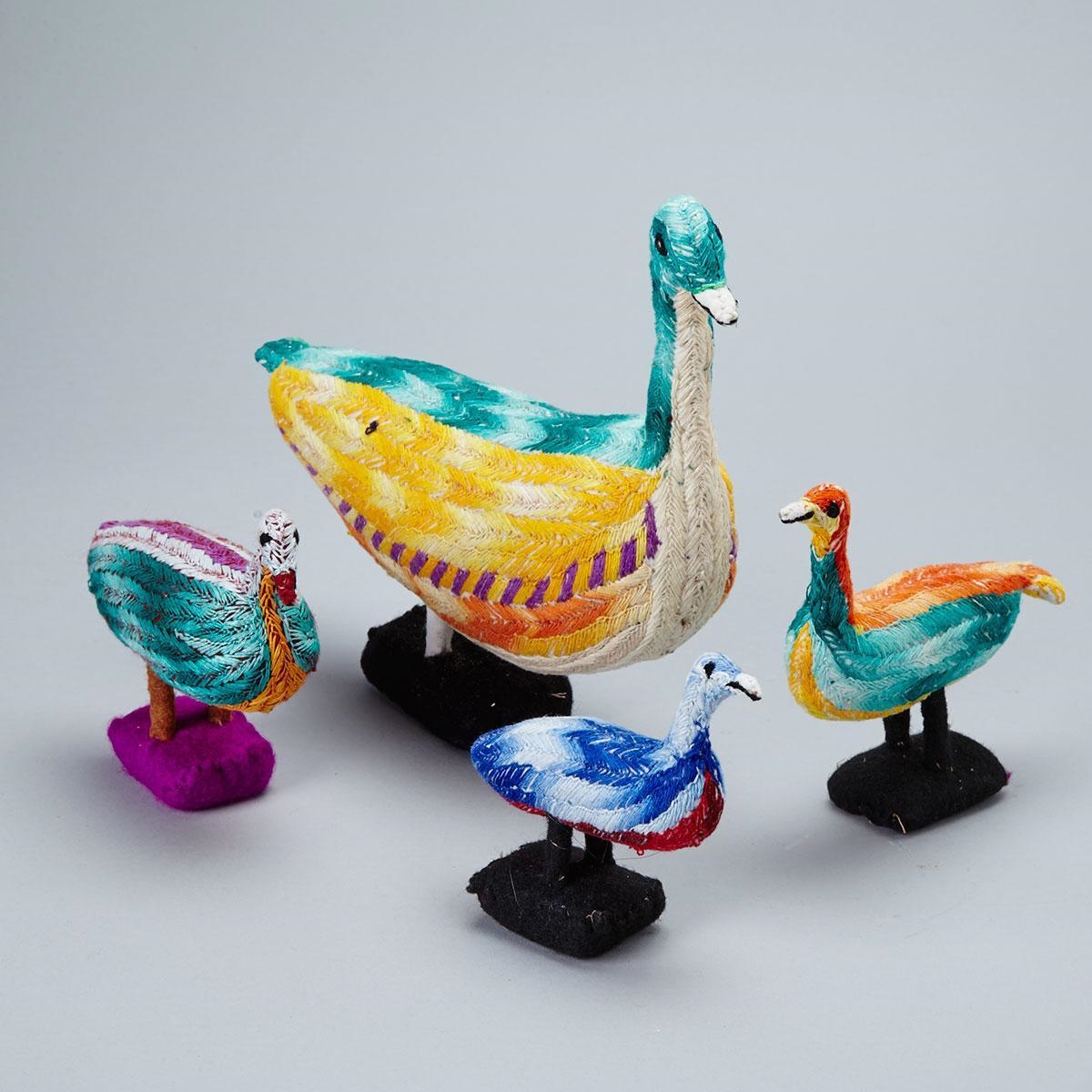 Artwork by Mary Kuutsiq, FOUR TOY BIRDS: MOTHER AND YOUNG, Made of fabric, polychrome embroidery