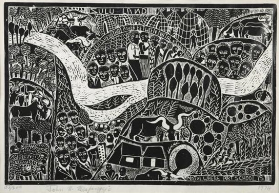 Zulu land by John Ndevasia Muafangejo, 1974