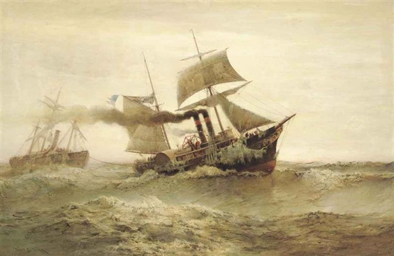 Overdue an American Paddle Tug Towing in a Storm-Damaged Steamer by James Gale Tyler, 1895
