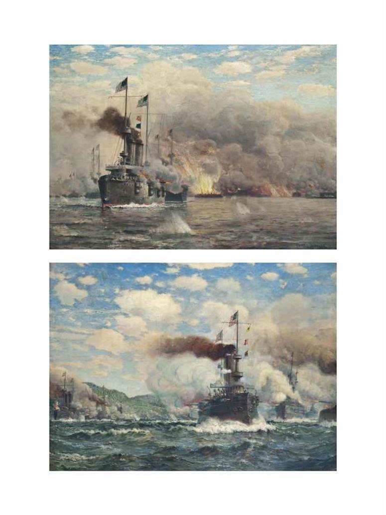 Artwork by James Gale Tyler, 2 Works: The Flagship of Admiral George Dewey, the U.S.S. Olympia Leading the United States Asiatic Squadron into Action Against the Spanish Pacific Squadron During the Battle of Manila Bay, Philippines; The Flagship of Commodore Winfield Scott Schley, U.S.S. Brooklyn Leading the United States Fleet into Action at the Start of the Battle of Santiago de Cuba, Made of Oil on canvas