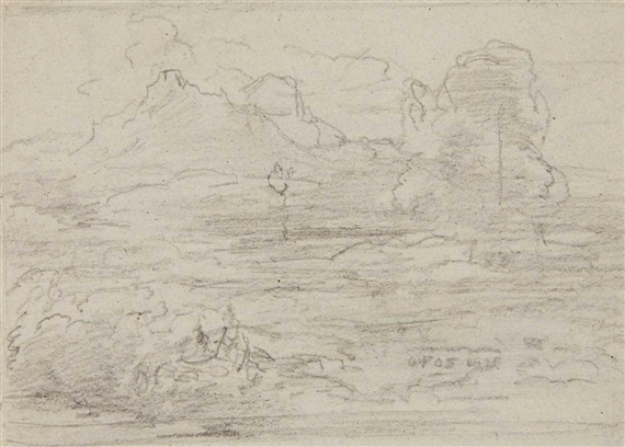 LANDSCAPE SKETCH WITH MOUNTAINS IN THE BACKGROUND by Carl Rottmann