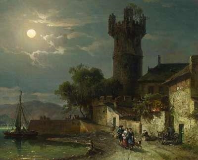 Artwork by August von Wille, Rüdesheim on the Rhine. Full moon over the Adlerturm, Made of Oil on canvas