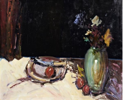 Still life with plate, fruit and flowers by Ken Moroney