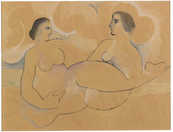 A watercolor study of two nude figures in profile against a warm, cloud-like background.