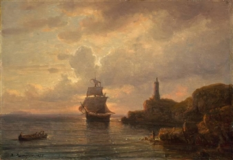 KÜSTE MIT SEGELSCHIFF AM ABEND - Robert Kummer