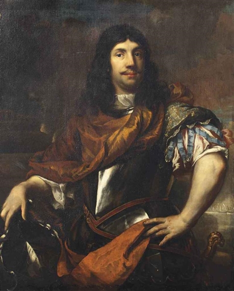 Portrait of Cornelis Tromp (1629-1691), three-quarter-length, in a breastplate, his right hand resting on his coat-of-arms by Jan de Baen