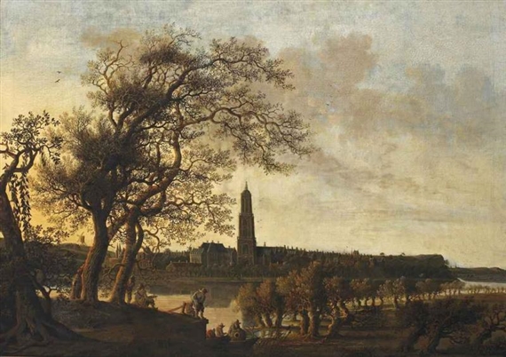 View of Rhenen with figures along the Nederrijn, the Cunerakerk and the palace of the Winter King beyond by Anthonie Jansz. van der Croos, 1656