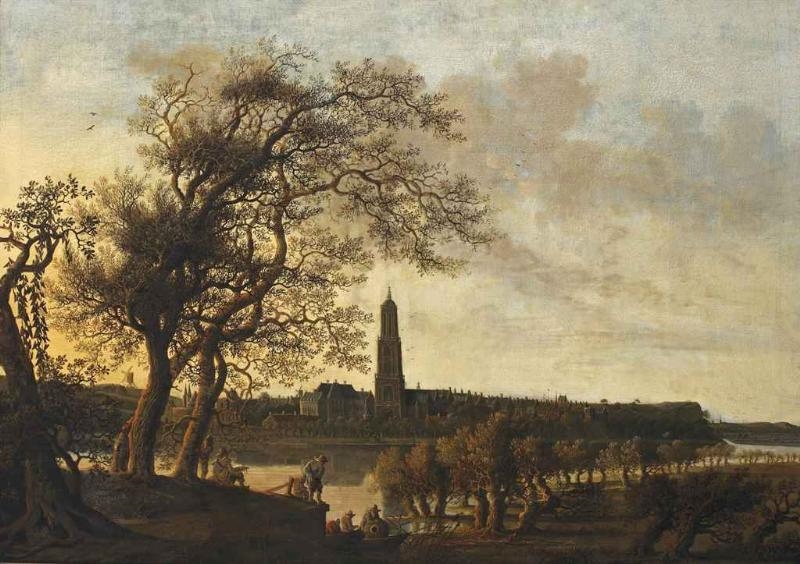 Artwork by Anthonie Jansz. van der Croos, View of Rhenen with figures along the Nederrijn, the Cunerakerk and the palace of the Winter King beyond, Made of oil on canvas