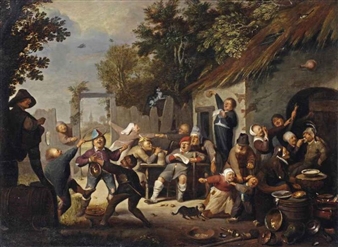 Peasants making merry outside an inn - Joachim van den Heuvel
