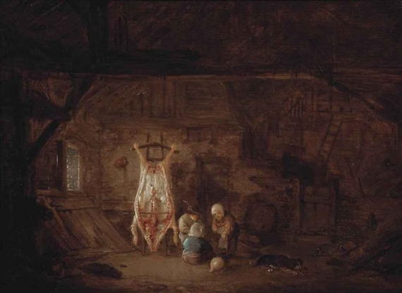 A barn interior with three children and their dog playing with a pig's bladder by Isack van Ostade