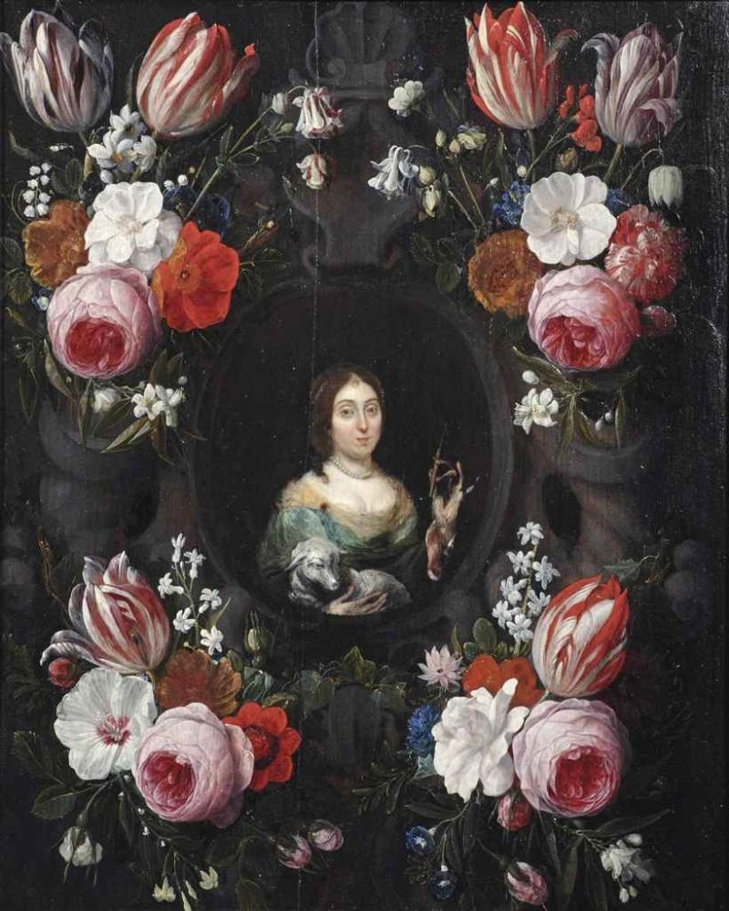 Artwork by Jan van Kessel I, A stone cartouche surrounded by garlands of tulips, roses, carnations and other flowers with Saint Genevieve, Made of oil on panel
