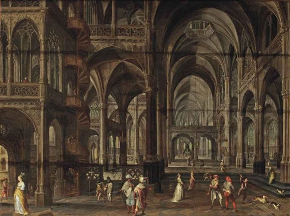 The interior of a Gothic cathedral with costumed figures by Paul Vredeman de Vries, 1609