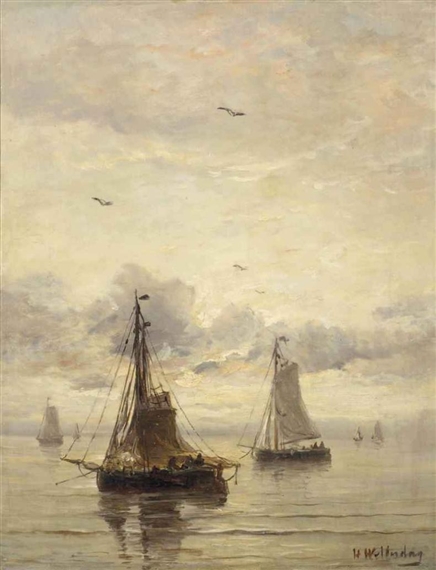Bomschuiten at sunset by Hendrik Willem Mesdag