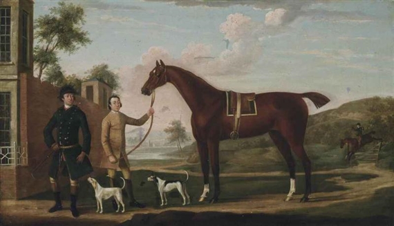 A huntsman with his chestnut hunter, held by a groom, with two hounds, an extensive landscape beyond by Richard Roper