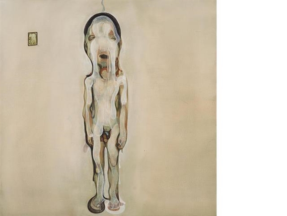A surreal painting of a hanging, elongated figure with a distorted face against a plain beige background.