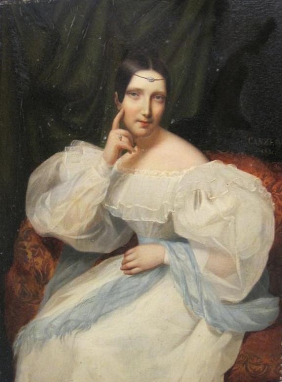 Portrait of a Lady, Seated Three Quarter Length, Wearing a White Dress, and Blue Wrap by August Alexius Canzi, 1834