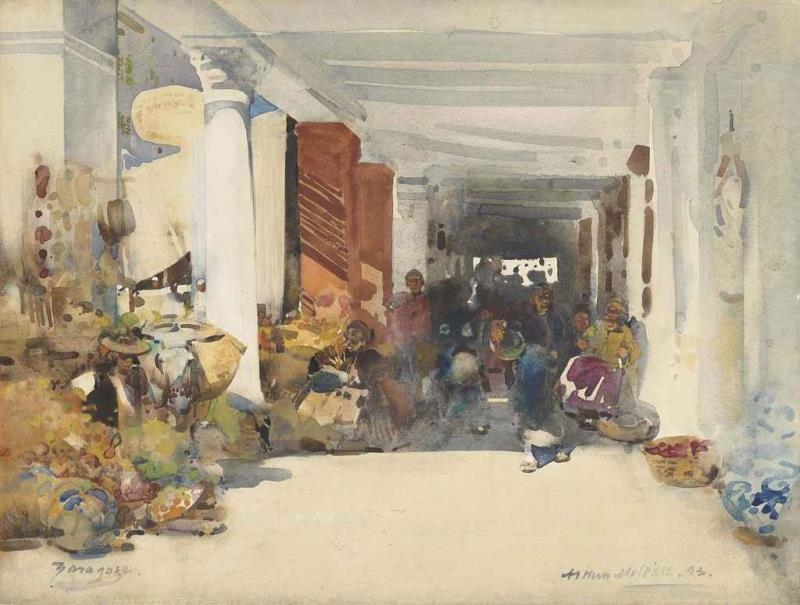 Artwork by Arthur Melville, The Orange Market, Zaragoza, Made of watercolour and gouache on artist's prepared board