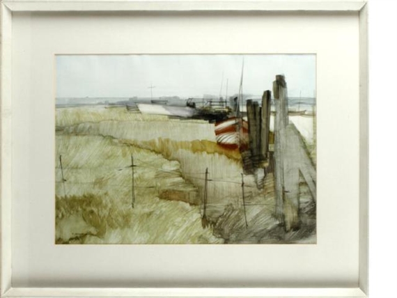 "A moody, textured landscape painting of a coastal scene with weathered wooden posts and distant boats."