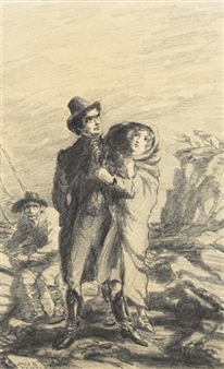 A GIRL CLINGS TO A YOUNG MAN ON A BEACH [ILLUSTRATION TO THE COLLEGIANS, 1904] by Jack B. Yeats