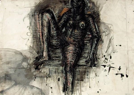 Sitzender weiblicher Akt mit aufgestelltem Bein 0 by Lothar Böhme