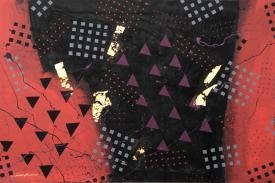 A geometric textile collage featuring a central black fabric with purple triangles, flanked by red patterned sections and gold foil accents.