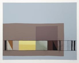 A minimalist abstract composition featuring layered geometric rectangles in muted earth tones against a pale blue background.