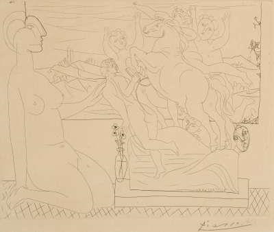 Marie-Thérèse agenouillée contemplant un groupe sculpté by Pablo Picasso, 1933