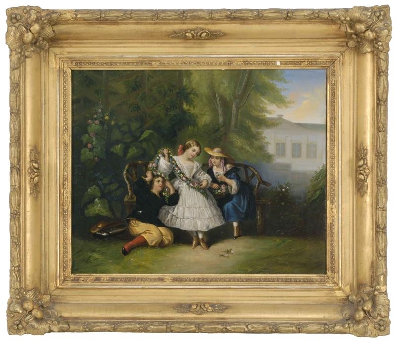George G. Fish | Three young girls in a garden | MutualArt