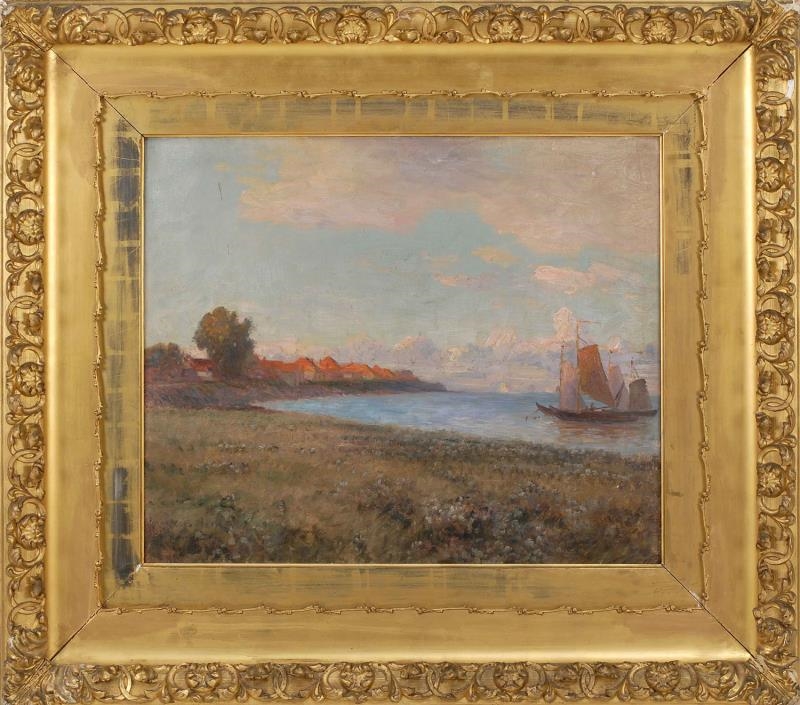 Artwork by Frank C. Penfold, Luminous seascape with moored boats, Made of Oil on canvas