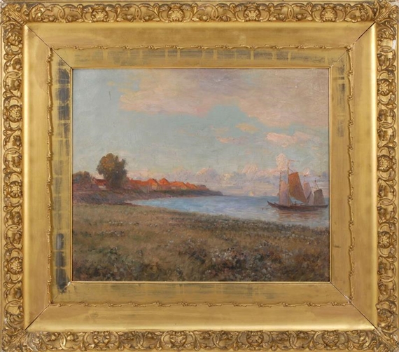 Luminous seascape with moored boats by Frank C. Penfold